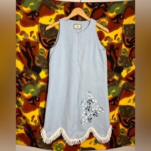 Tuckernuck Blue Floral Womens Dress With Fringe Bottom Size Small